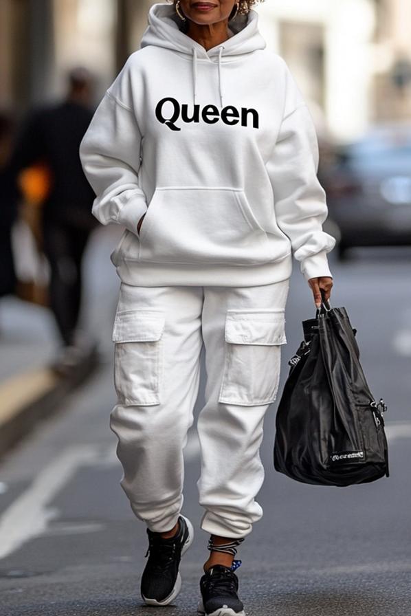 Women's casual workwear queen monogram print sweatshirt set white