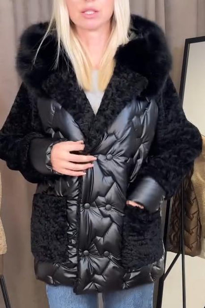 Women's Casual Sherpa Patchwork Fur Collar Cotton Jacket black