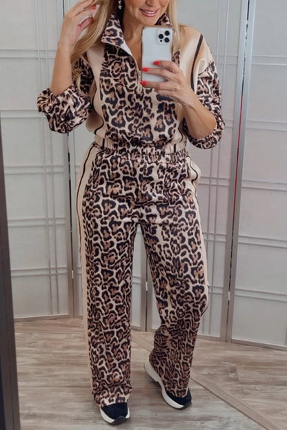 Women's Casual Patchwork Leopard Print Pants Suit