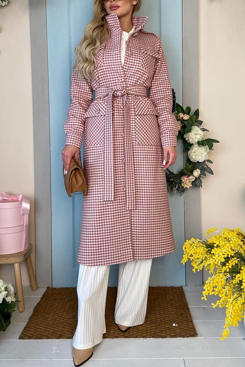 Women's long plaid trench coat Pink