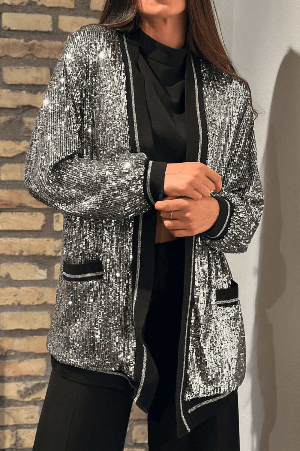 Ladies Casual Sequined Contrast Cardigan Jacket silver