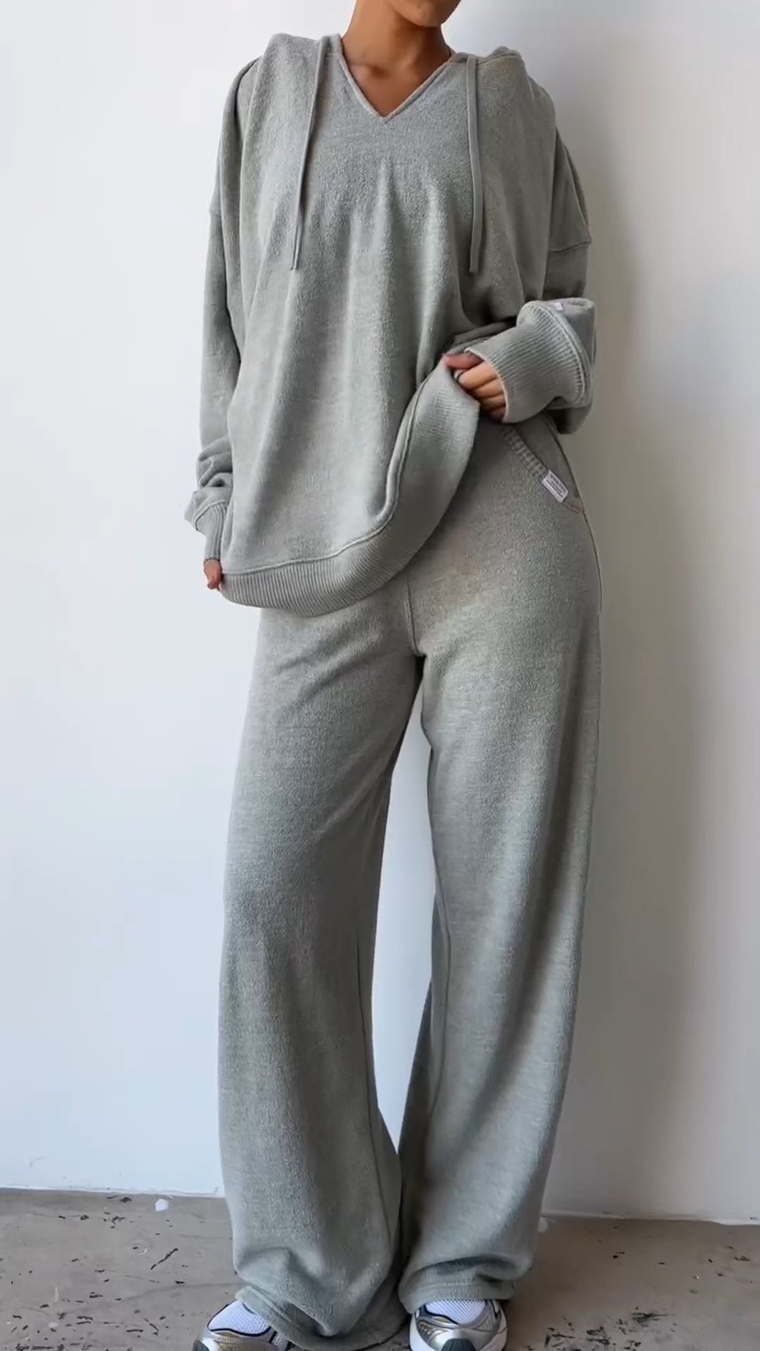 Women's Casual Sports Hooded Knitted Pants Suit Grey