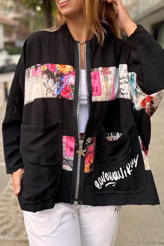 Women's Casual Zipper Printed Jacket black