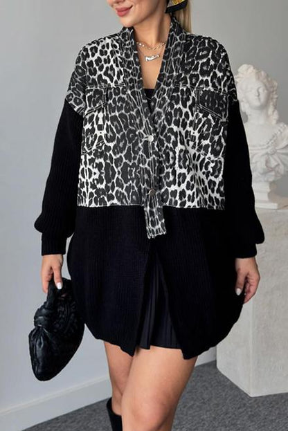 Women's leopard-print wool panelled V-neck jacket black