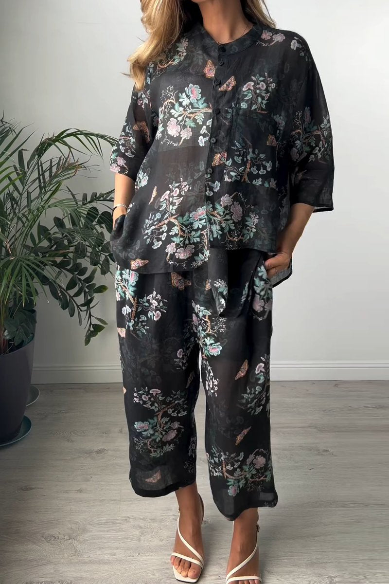 Women's Casual Floral Print Two-Piece Set Black