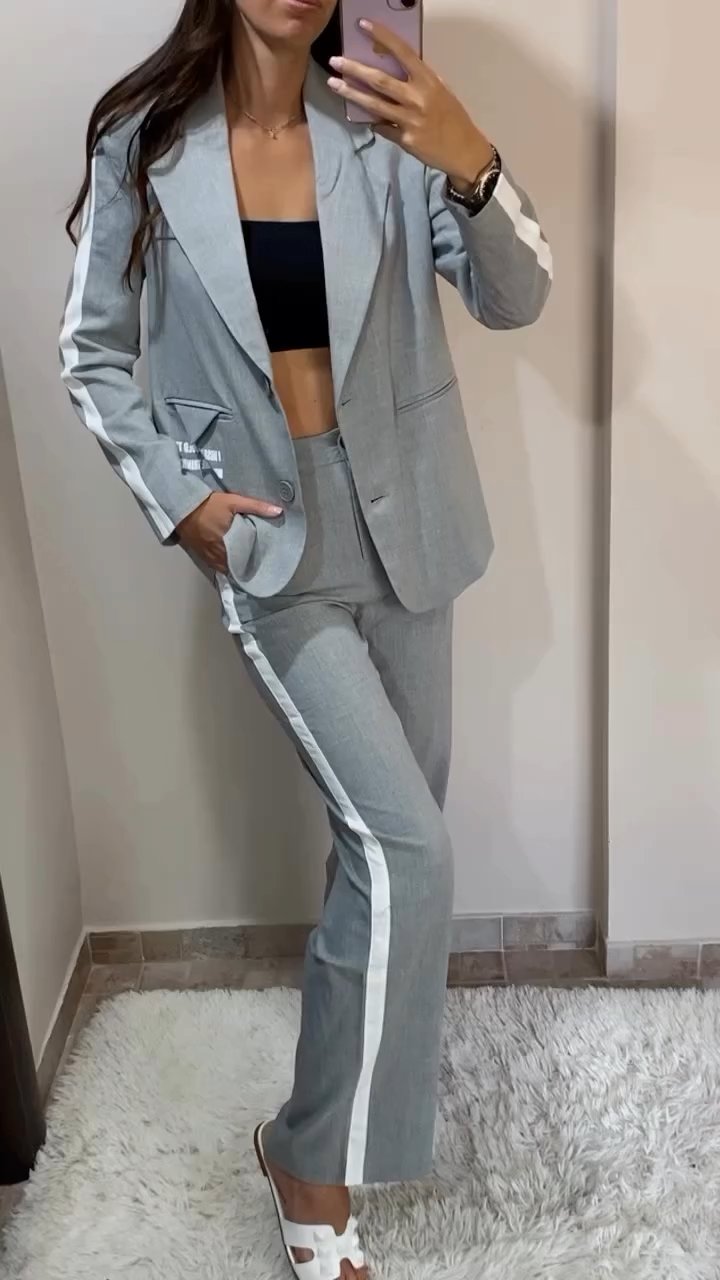 Women's Casual Contrast Trim Suit Jacket grey