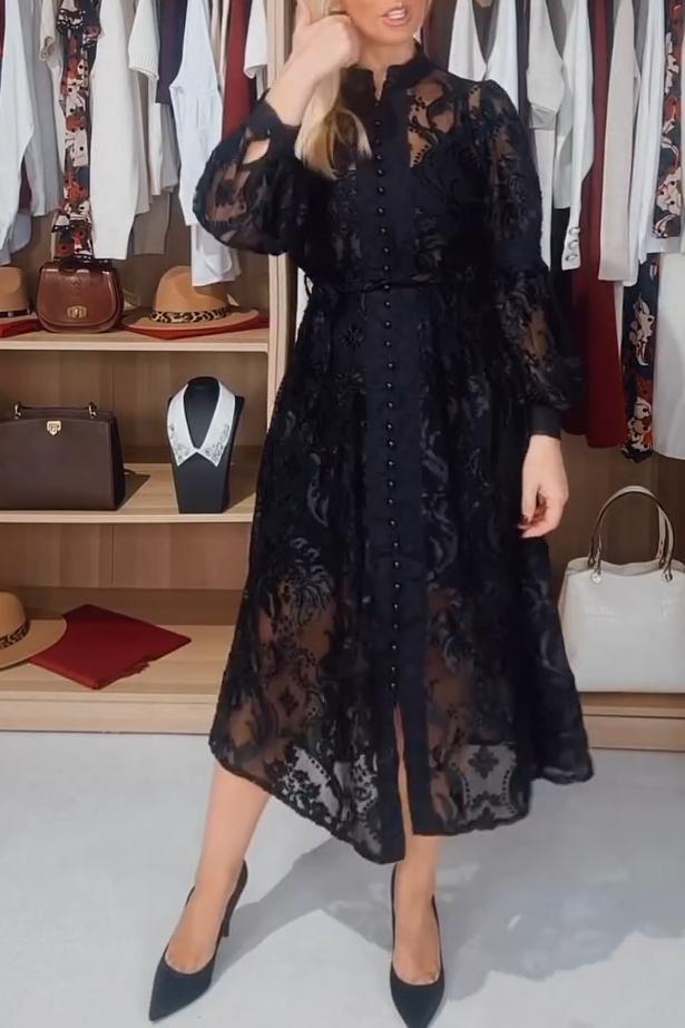 Ladies Casual Elegant Lace Open Button Dress