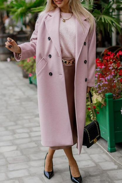 Women's Solid Color Mid-Length Overcoats Pink