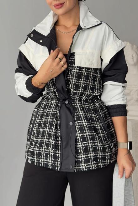 Women's check, color-blocked trench coat cropped coat