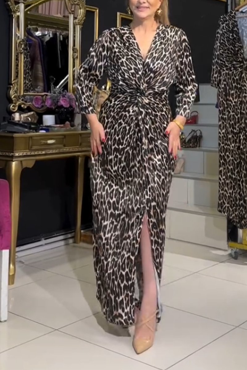 Women's V-neck Twist Leopard Print Dress With Slit