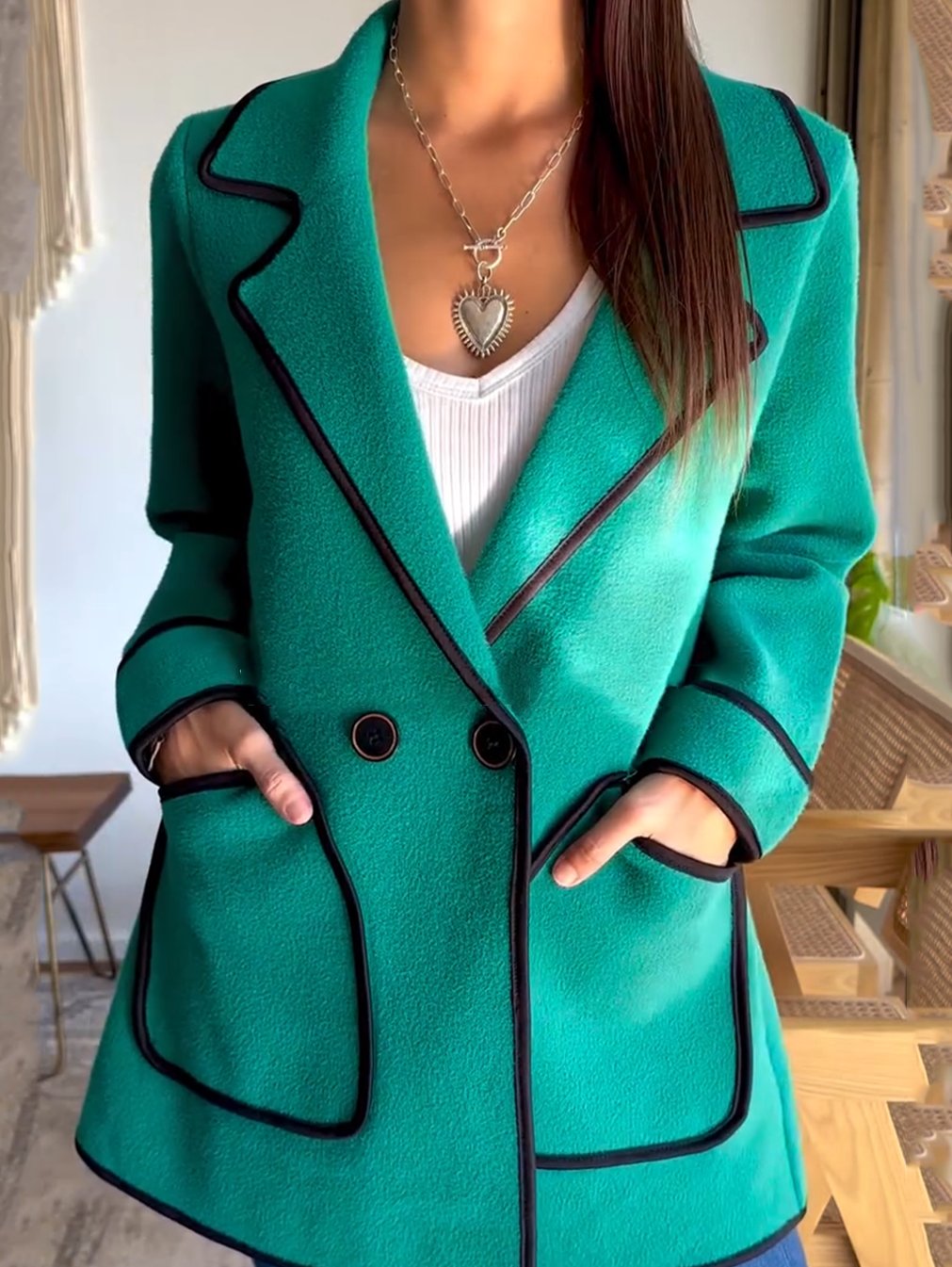 Women's Casual Contrast Lapel Coat Green