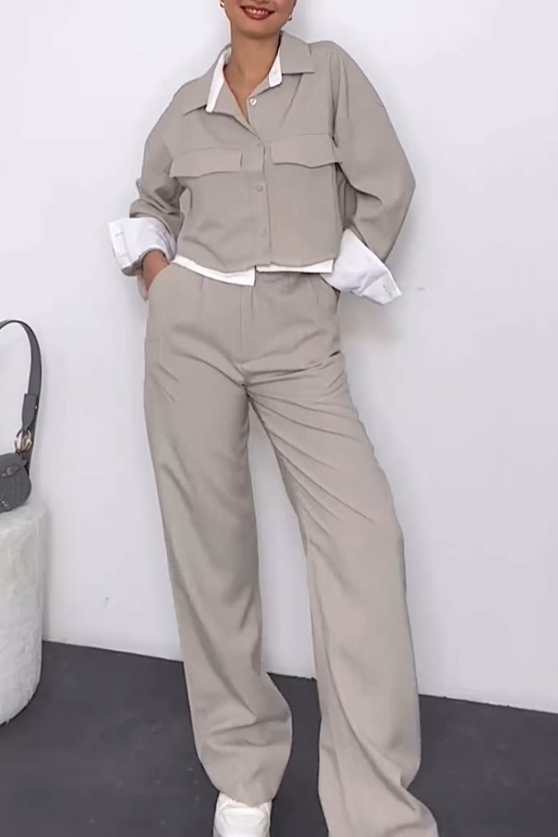 Women's Casual Contrast Color Two Piece Pants Suit Khaki