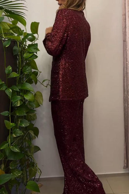 Ladies casual Christmas solid color sequin suit