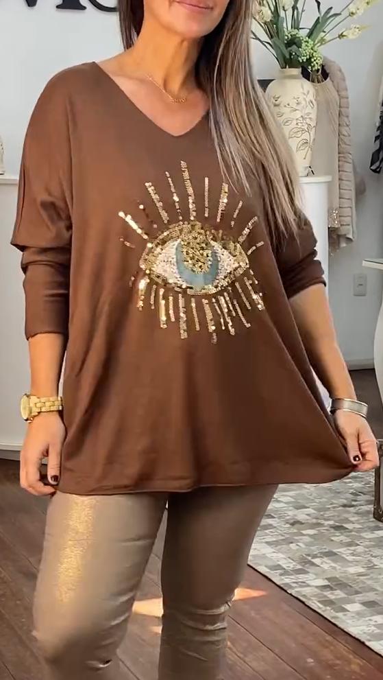 Women's Casual Loose Sequin Eyes Long Sleeve Top Coffee