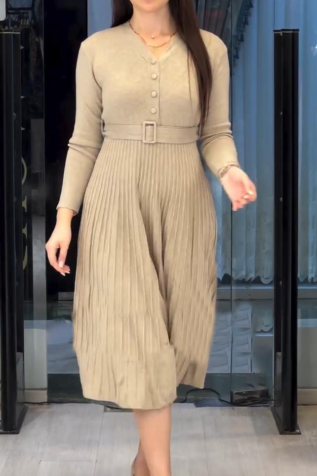 Women's casual high-waisted V-neck knit dress apricot