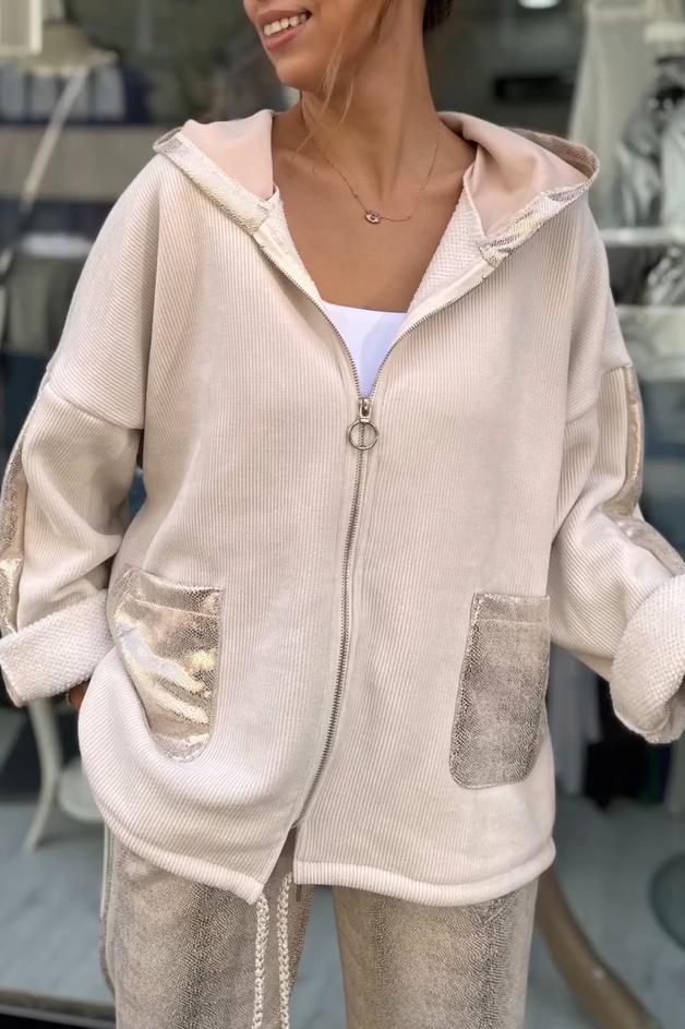 Women's Casual Metallic Patchwork Hooded Sweatshirt Set