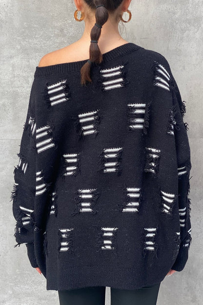 Women's casual crewneck cut-out contrast sweater