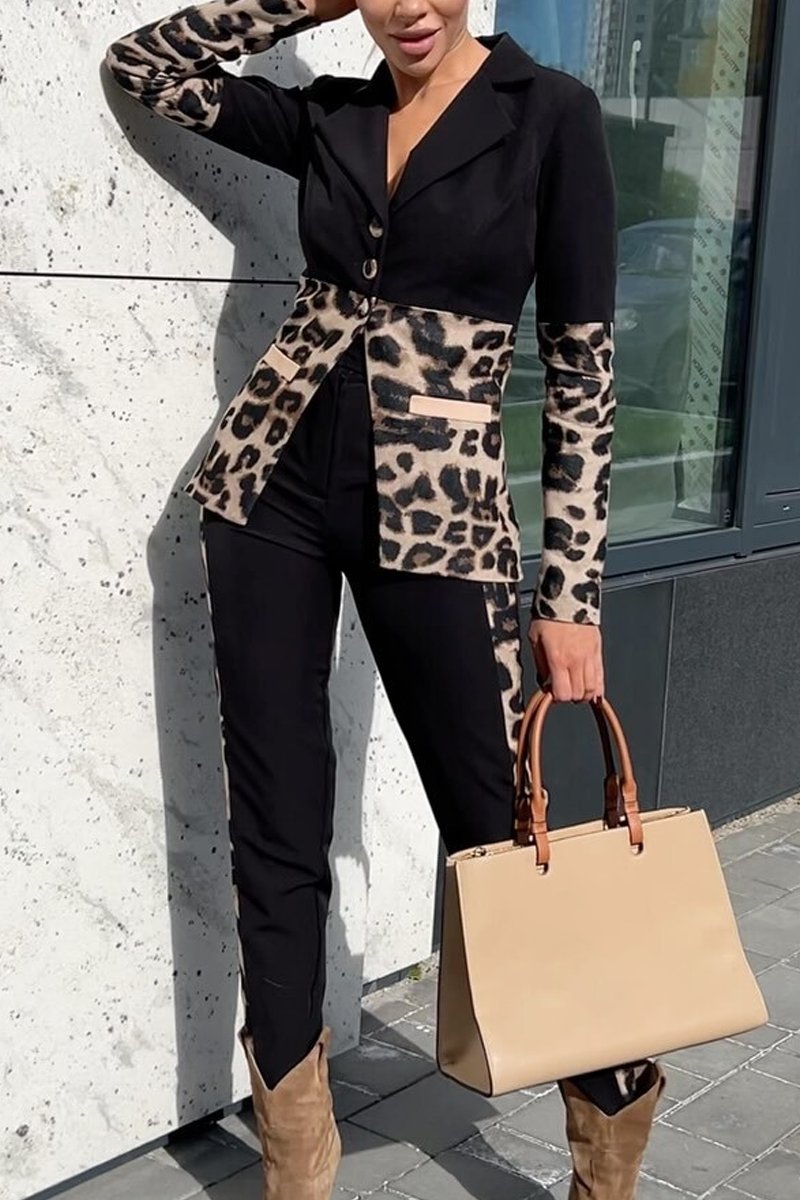 Women's Leopard Print Blazers Suit Black