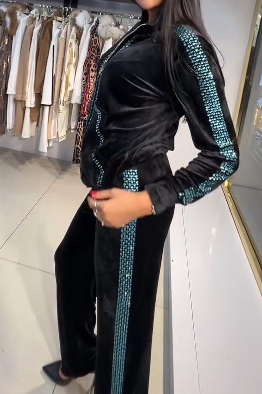 Ladies Casual Hot Diamond Velvet Zipper Suit