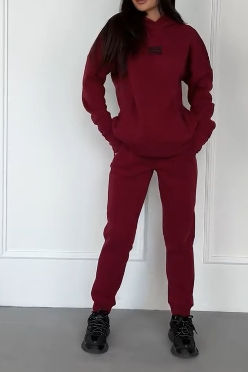 Casual solid color sweatshirt set red