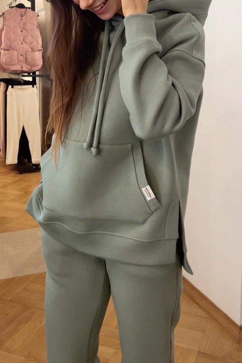 Women's solid color hooded pullover pants set Green