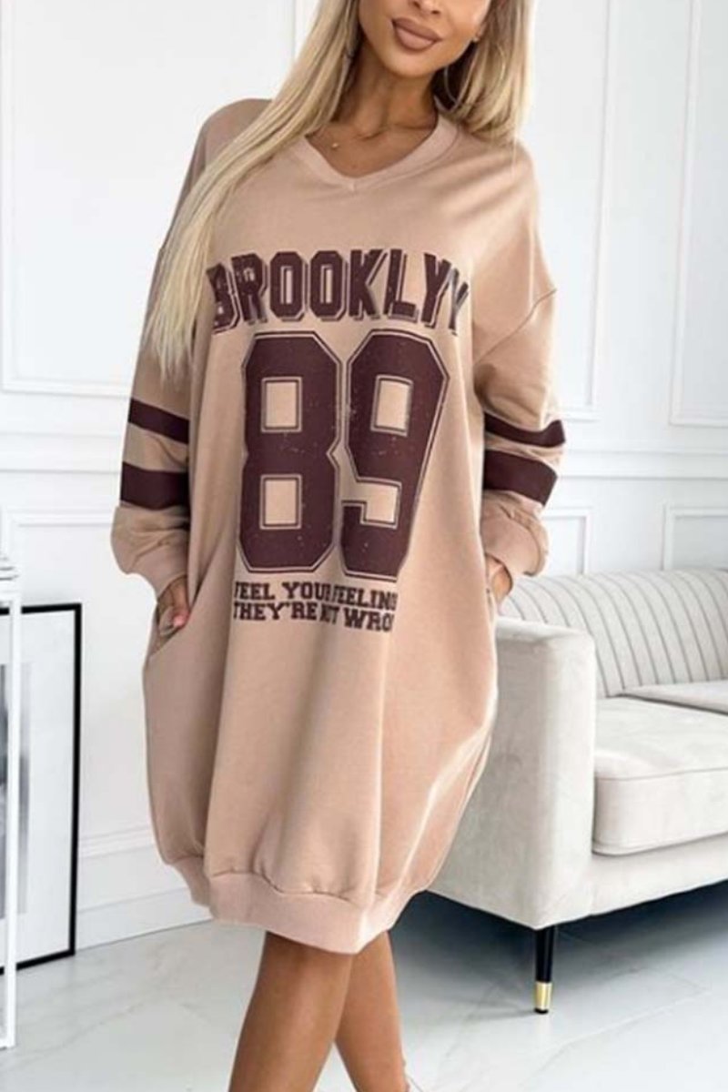 Women's casual sports letter print sweatshirt dress khaki