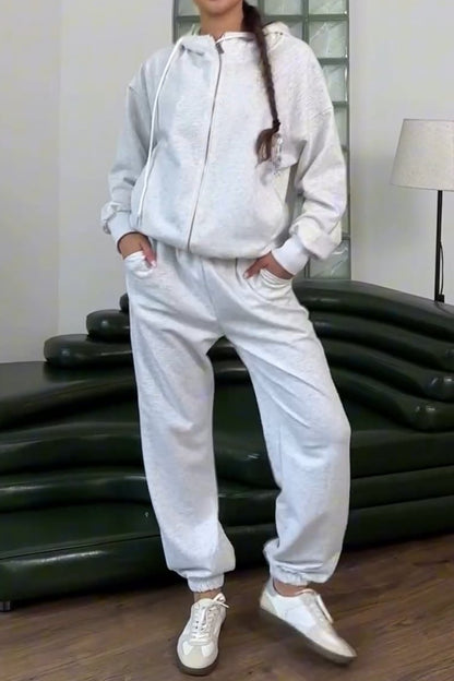 Women's Casual Sports Hooded Two-piece Pant Suit White