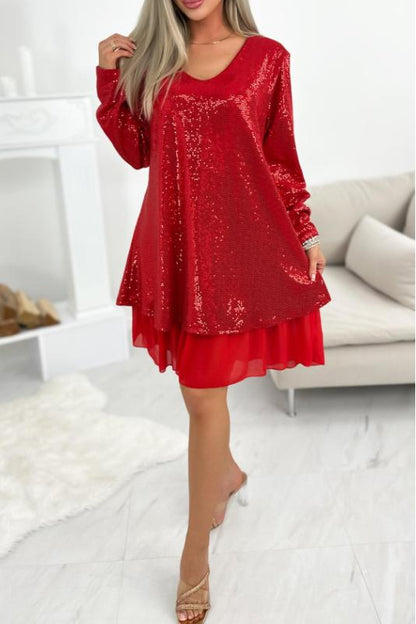 Ladies Casual Elegant V Neck Sequin Dress red