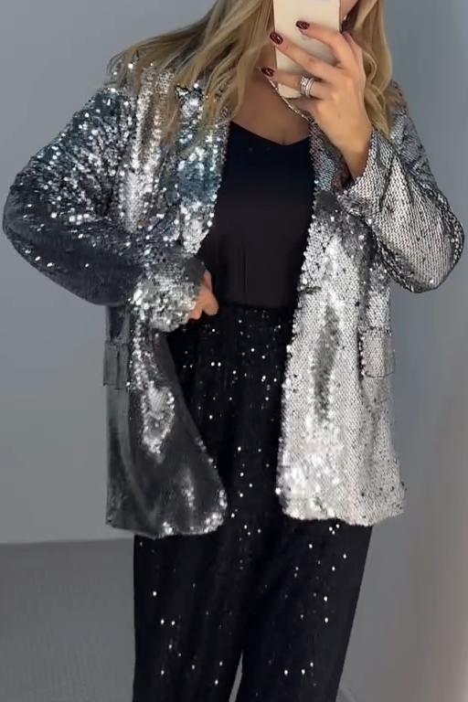 Women's Casual Elegant Solid Color Sequin Blazer silver