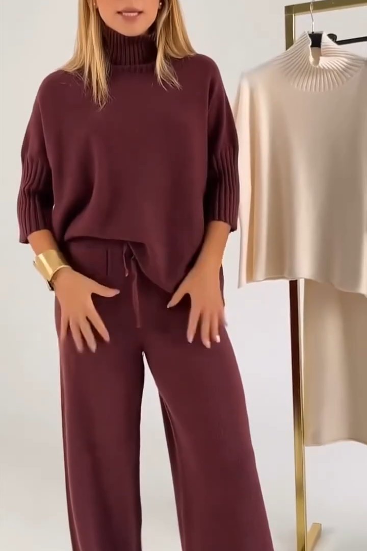 Women's simple slimming three-quarter-sleeve knit set Burgundy