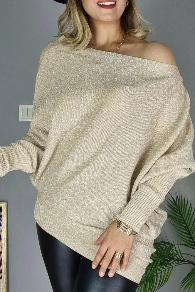 Women's casual elegant slanted shoulder pullover sweater Apricot