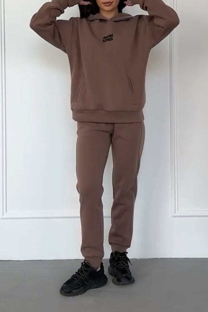 Casual solid color sweatshirt set Brown