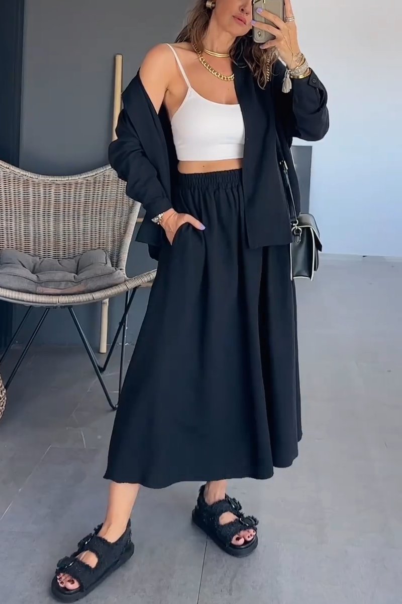 Women's solid color shirt and skirt suit Black