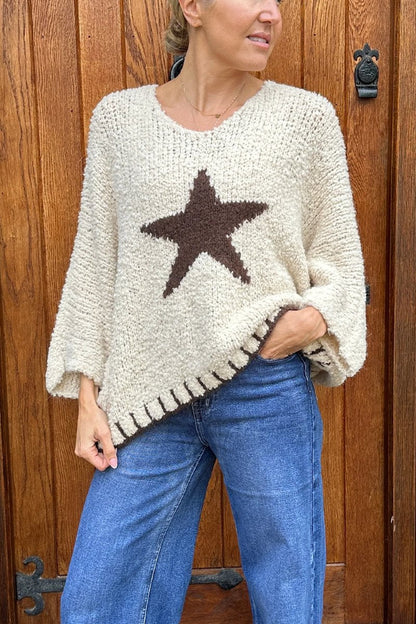 Women's Knitted Star Contrast Pullover Sweater Beige