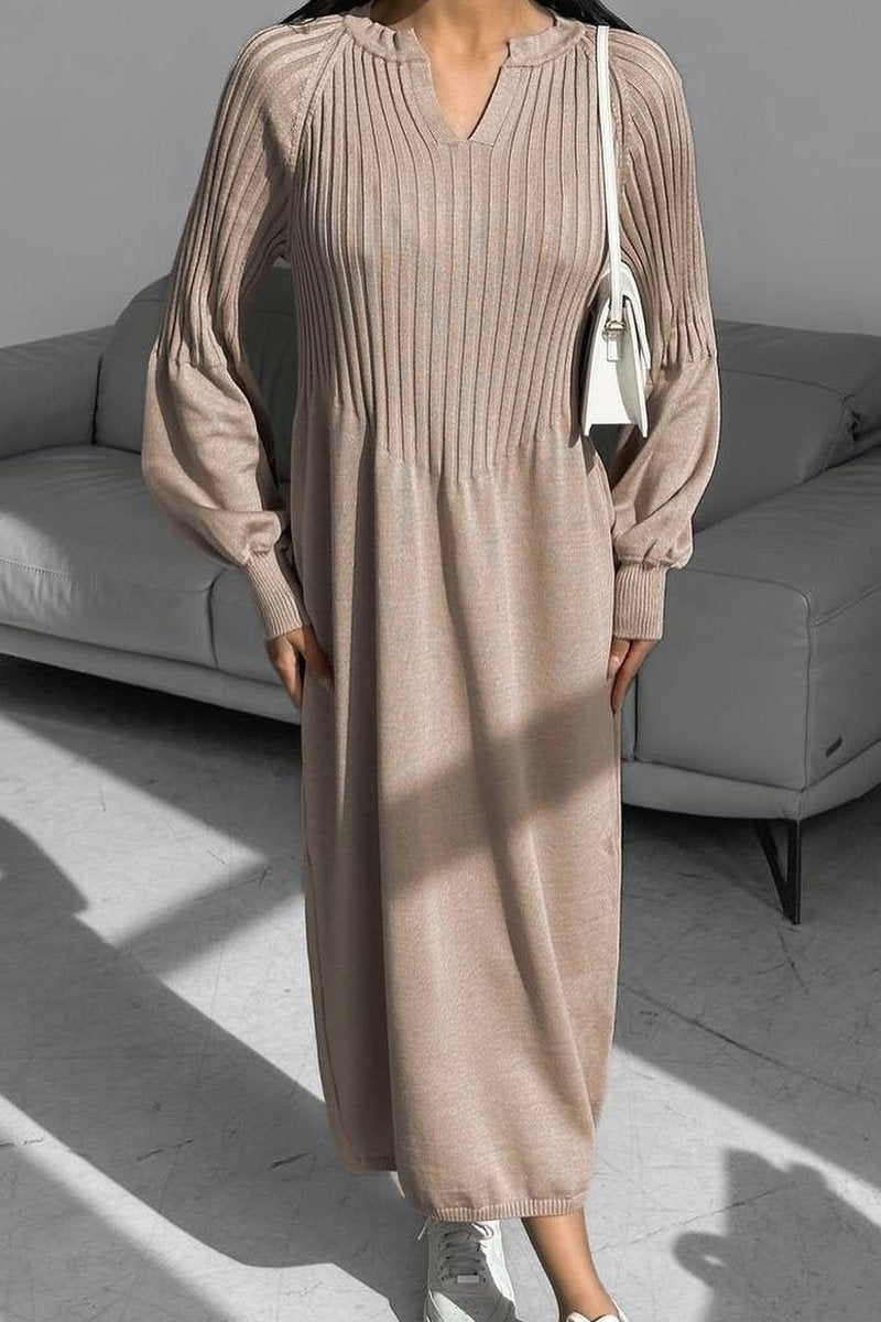 Women's solid color knitted long sleeve maxi dress Beige