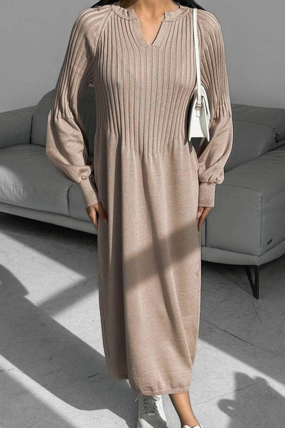 Women's solid color knitted long sleeve maxi dress Beige