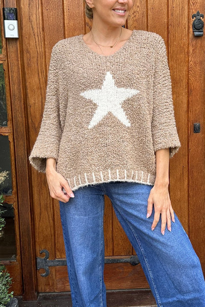 Women's Knitted Star Contrast Pullover Sweater Khaki