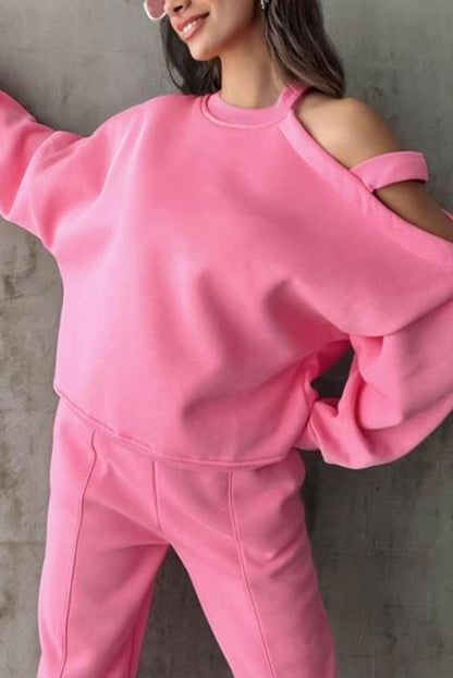 Women's irregular off-the-shoulder sweatshirt set pink