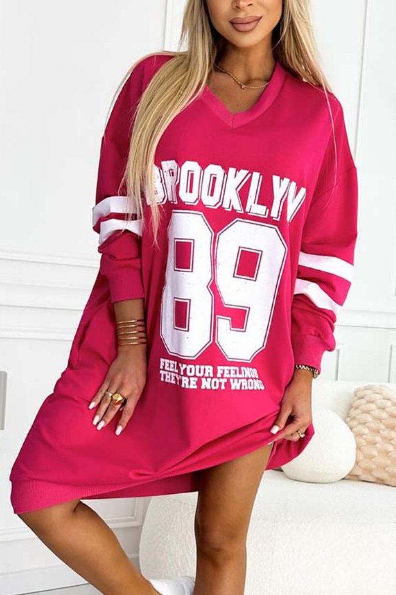 Women's casual sports letter print sweatshirt dress Rose Red