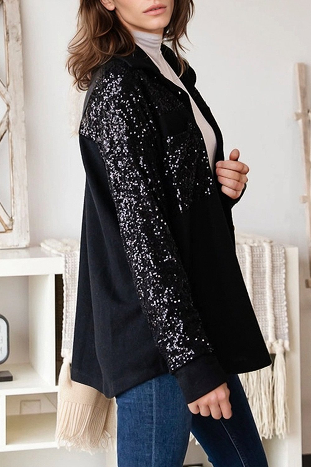 Women's Casual Solid Color Sequined Patchwork Shirt