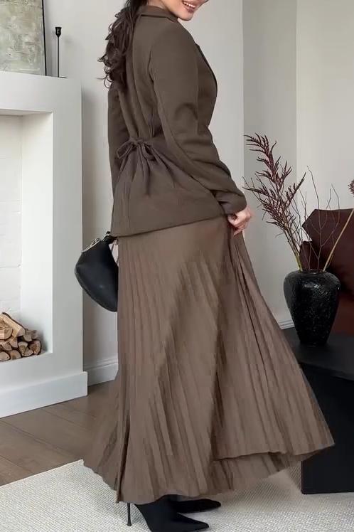 Women's Solid Color Elegant Slim Waist Suit and Skirt Suit brown