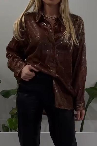 Women's Casual Solid Color V-neck Sequined Shirt brown