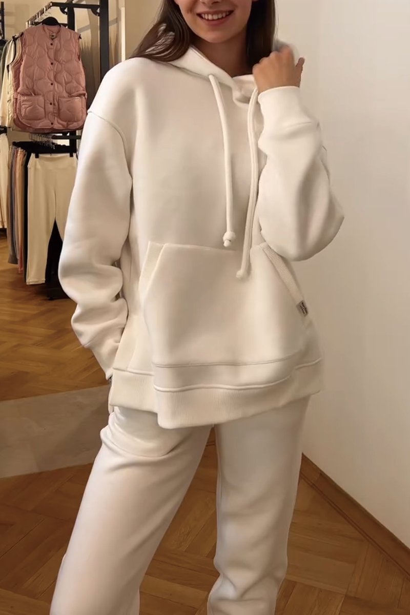 Women's solid color hooded pullover pants set White