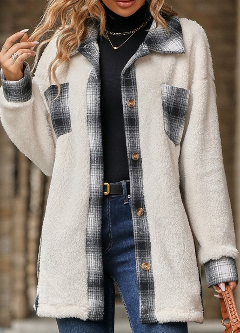 Single-breasted Lapel Plaid Plush Coat White