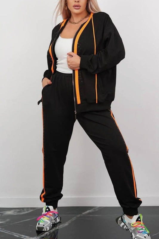 Women's Contrast Zipper Hoodies Webbed Pants Set Orange