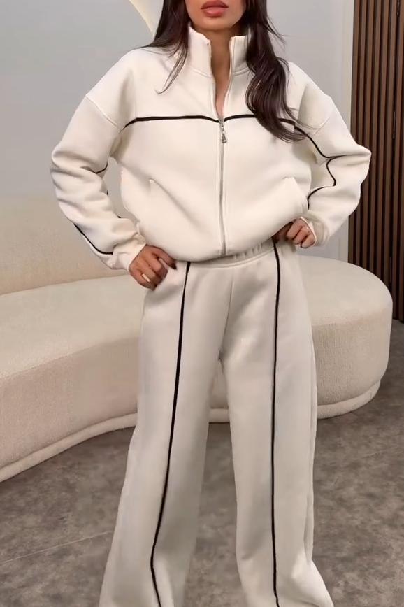 Women's simple casual stripe zipper sweatshirt set White