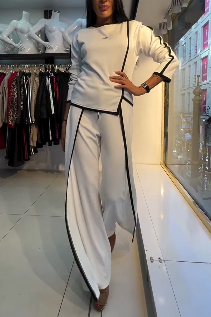 Women's Casual Contrast Color Irregular Pants Suit White