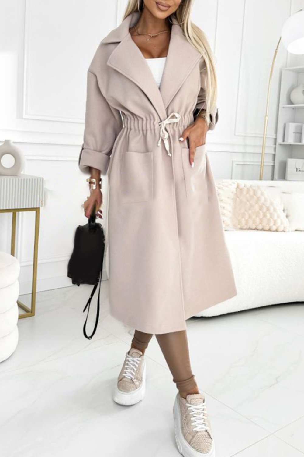 Women's Solid Color Large Lapel Waist Long Coat apricot