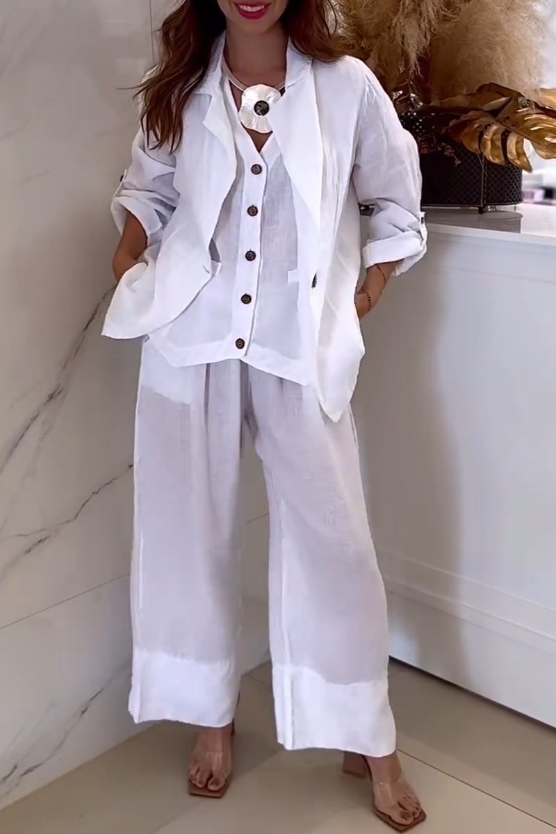 Women's casual solid color cotton and linen two-piece suit White