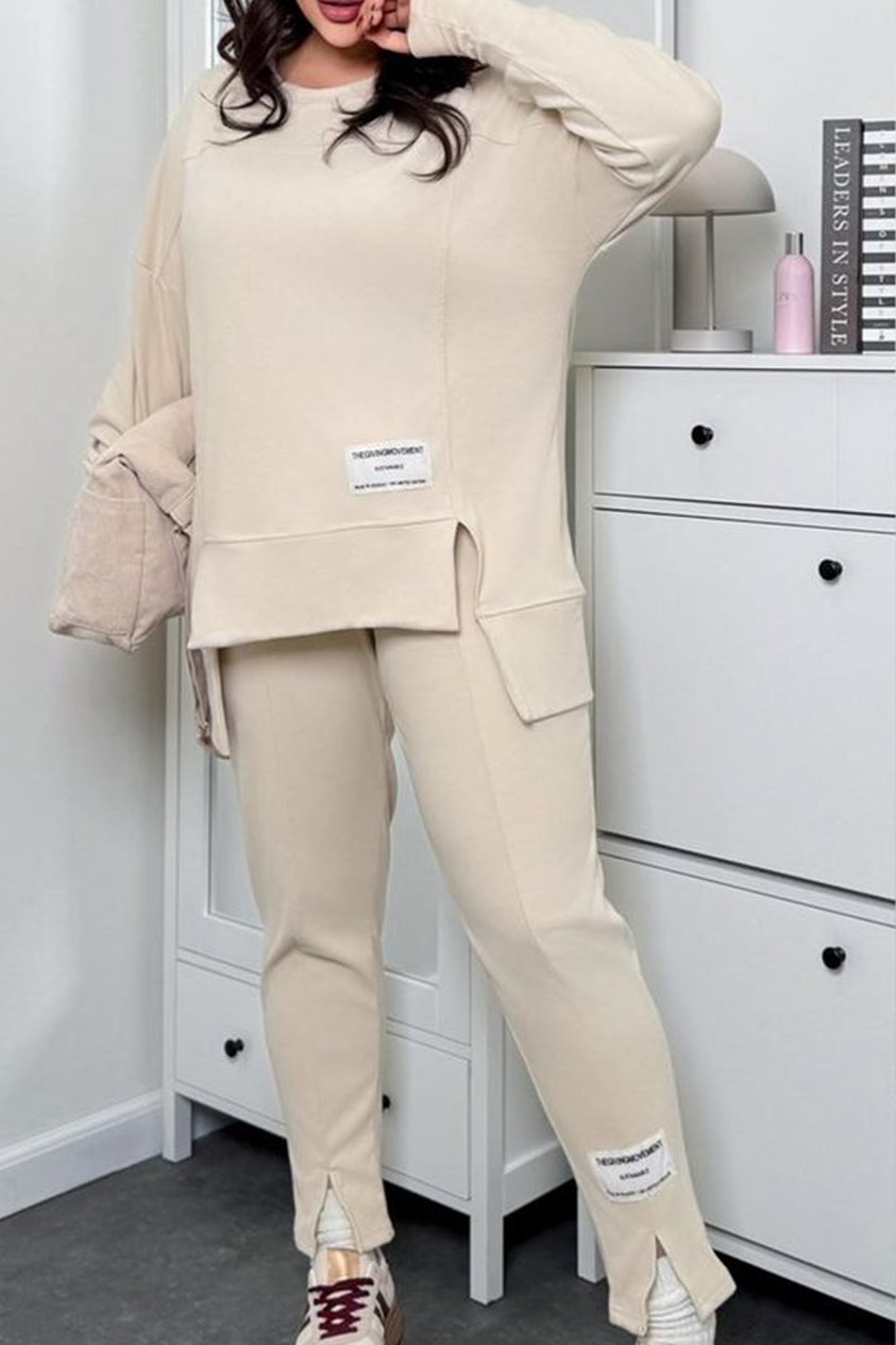 Women's Casual Solid Color Two-piece Hem Slit Sweatshirt Set apricot